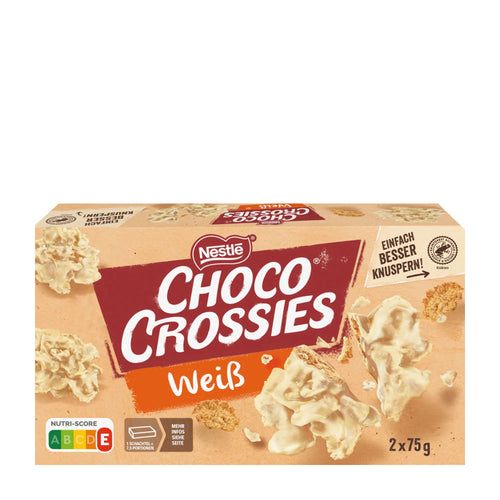 Box of Nestle Choco Crossies White Chocolate on a white background