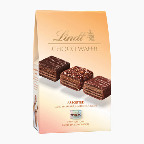 A package of Lindt Choco Wafer assorted dark, hazelnut, and milk chocolate wafers, shown on a clean white background.