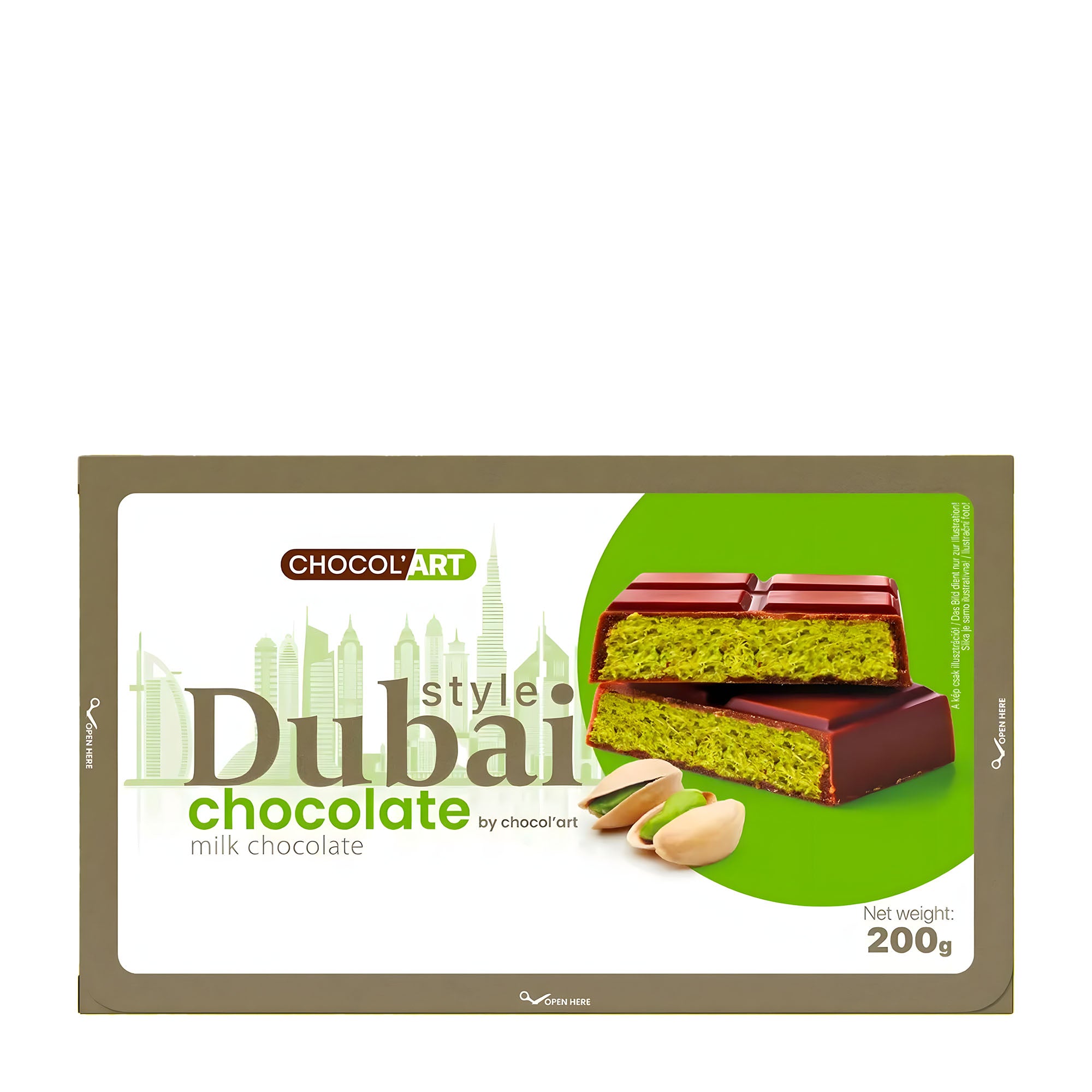 Chocol'Art Dubai Style Milk Chocolate Bar 200 g packaging on a white background.