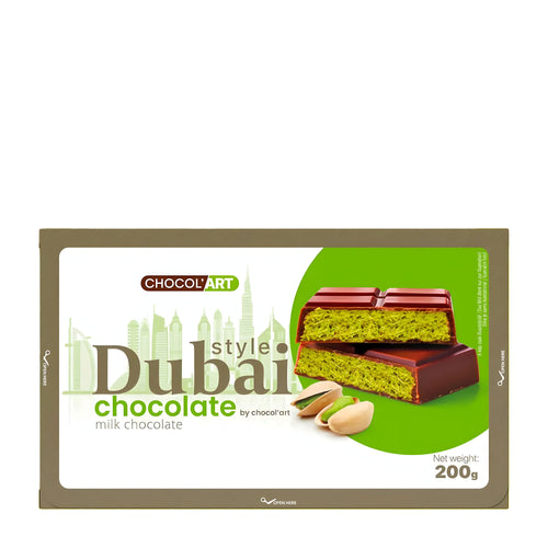 Chocol'Art Dubai Style Milk Chocolate Bar 200 g packaging on a white background.