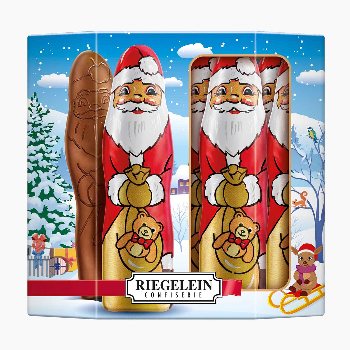 Riegelein Chocolate Santas packaging on a light gray background.