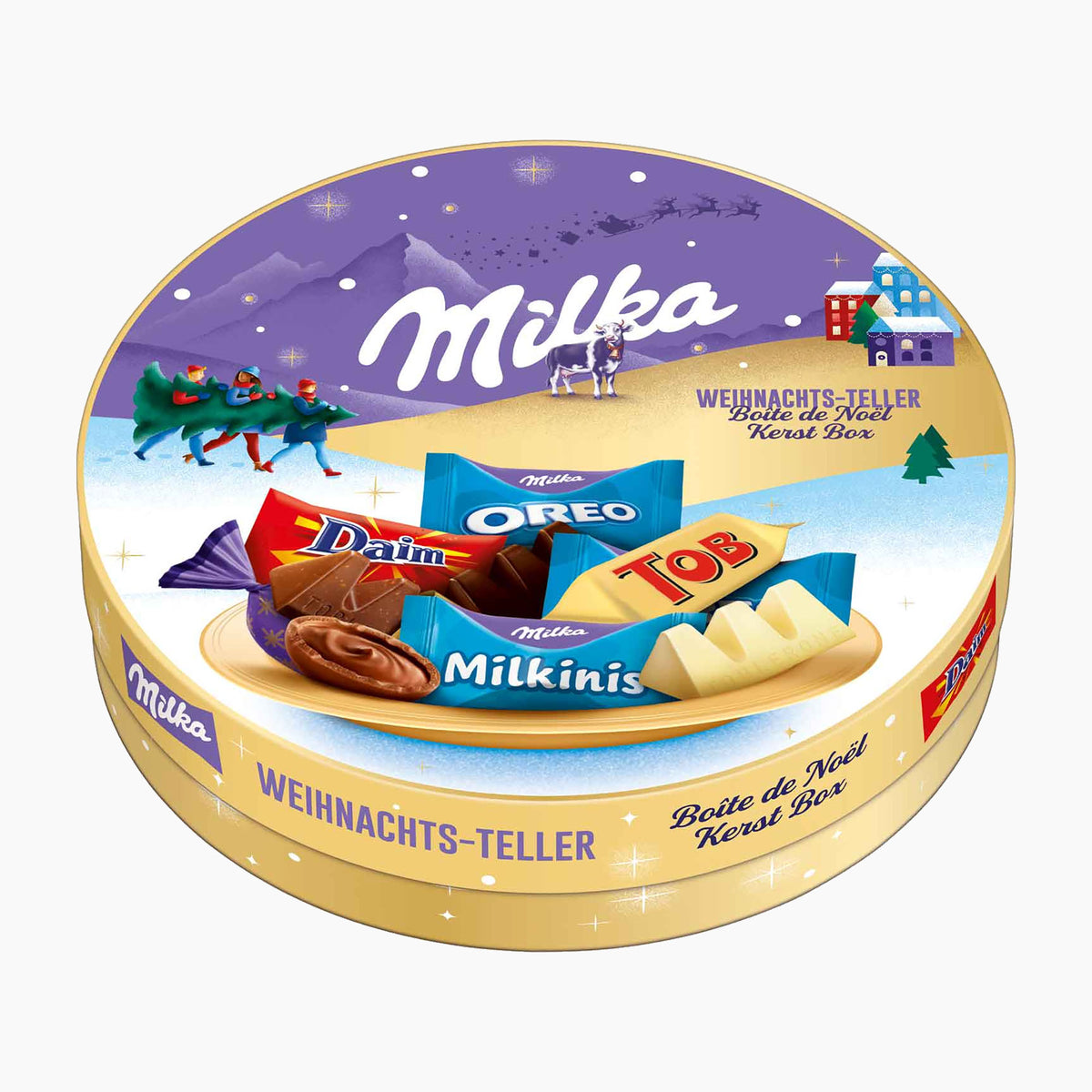 A round Milka Christmas Box Friends containing assorted Milka, Daim, Oreo, and Toblerone chocolates, displayed on a clean white background.