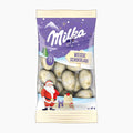 A 81g bag of Milka Choco Pralines Weiss Schokolade (white chocolate) featuring a festive winter-themed design with a purple sky, snow mountains, a Santa Claus illustration, and 13 individually wrapped milk chocolate eggs visible through the clear window.