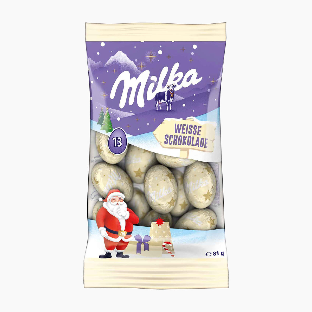 A 81g bag of Milka Choco Pralines Weiss Schokolade (white chocolate) featuring a festive winter-themed design with a purple sky, snow mountains, a Santa Claus illustration, and 13 individually wrapped milk chocolate eggs visible through the clear window.