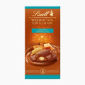 Lindt Christmas Chocolate Bar Almond, Caramel & Salt milk chocolate bar packaging, featuring a warm brown design with teal accents and an illustration of a chocolate bar with almonds and caramel on a white background.