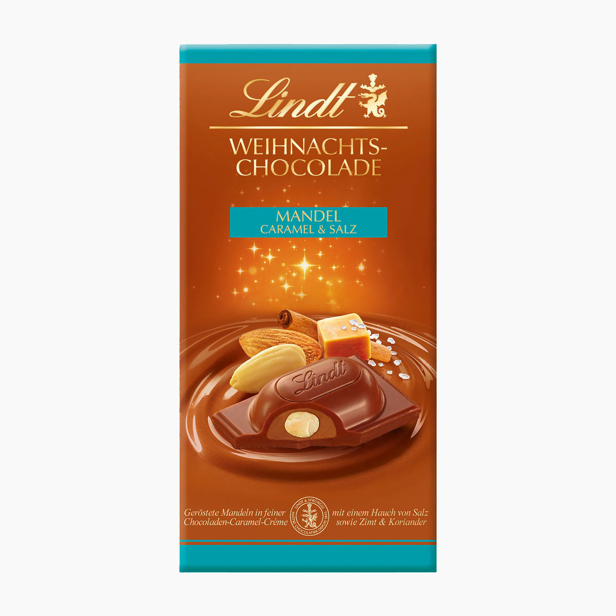 Lindt Christmas Chocolate Bar Almond, Caramel & Salt milk chocolate bar packaging, featuring a warm brown design with teal accents and an illustration of a chocolate bar with almonds and caramel on a white background.