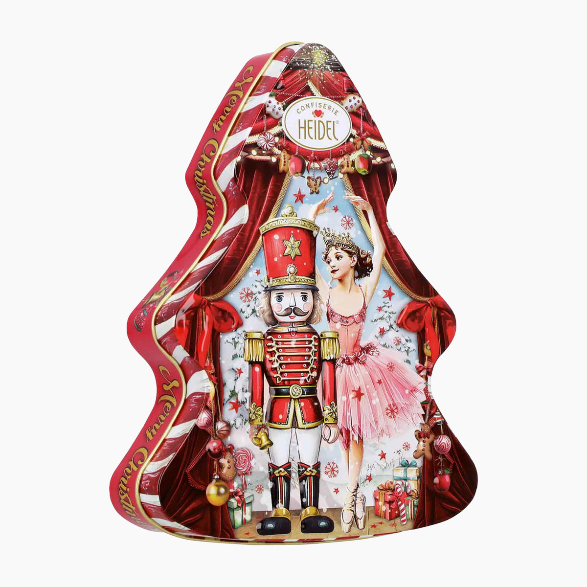 Heidel Christmas Fairy Tale Gift Tin christmas-tree shaped chocolate pralines tin on a light gray background.