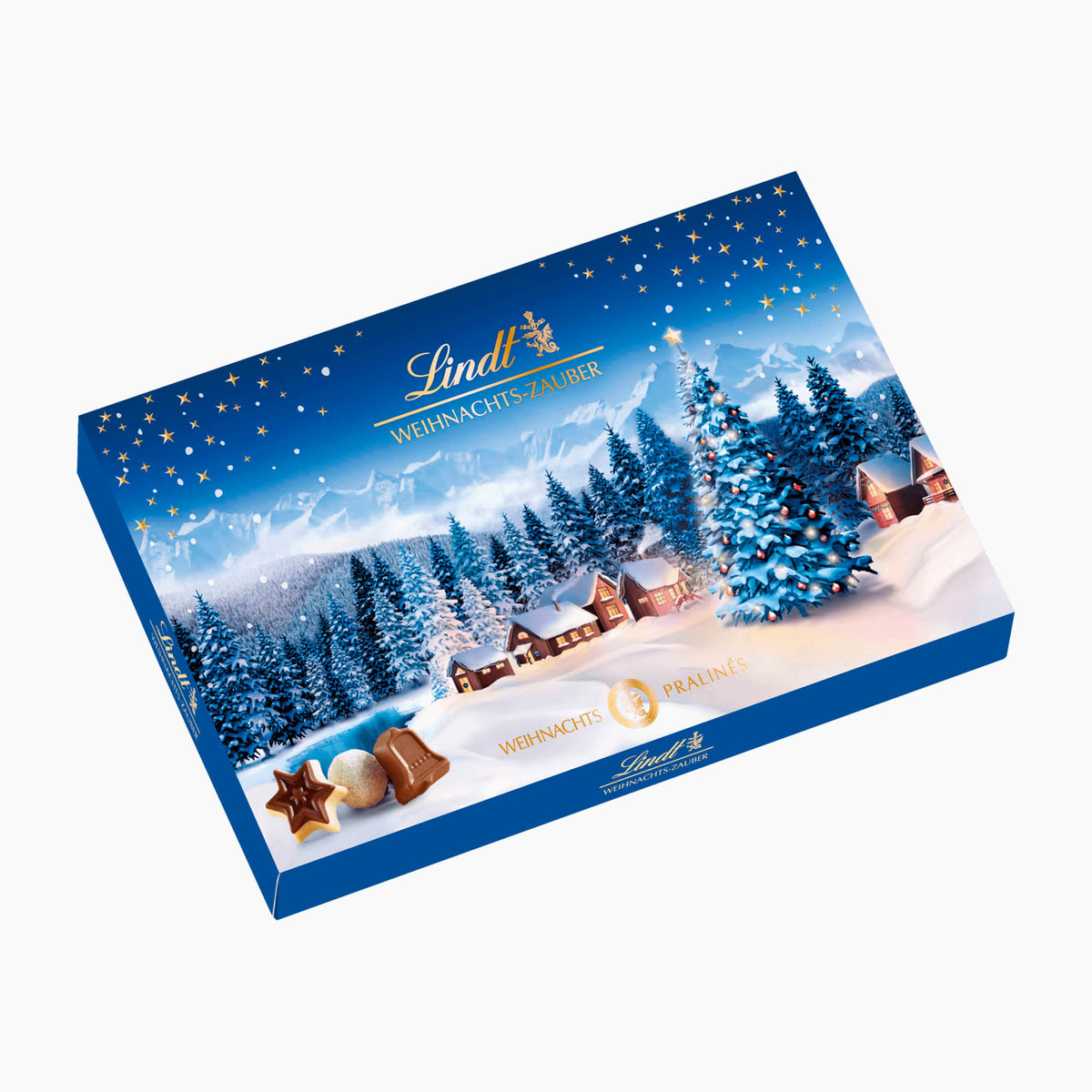 Lindt Christmas Magic Pralines box on a light gray background.