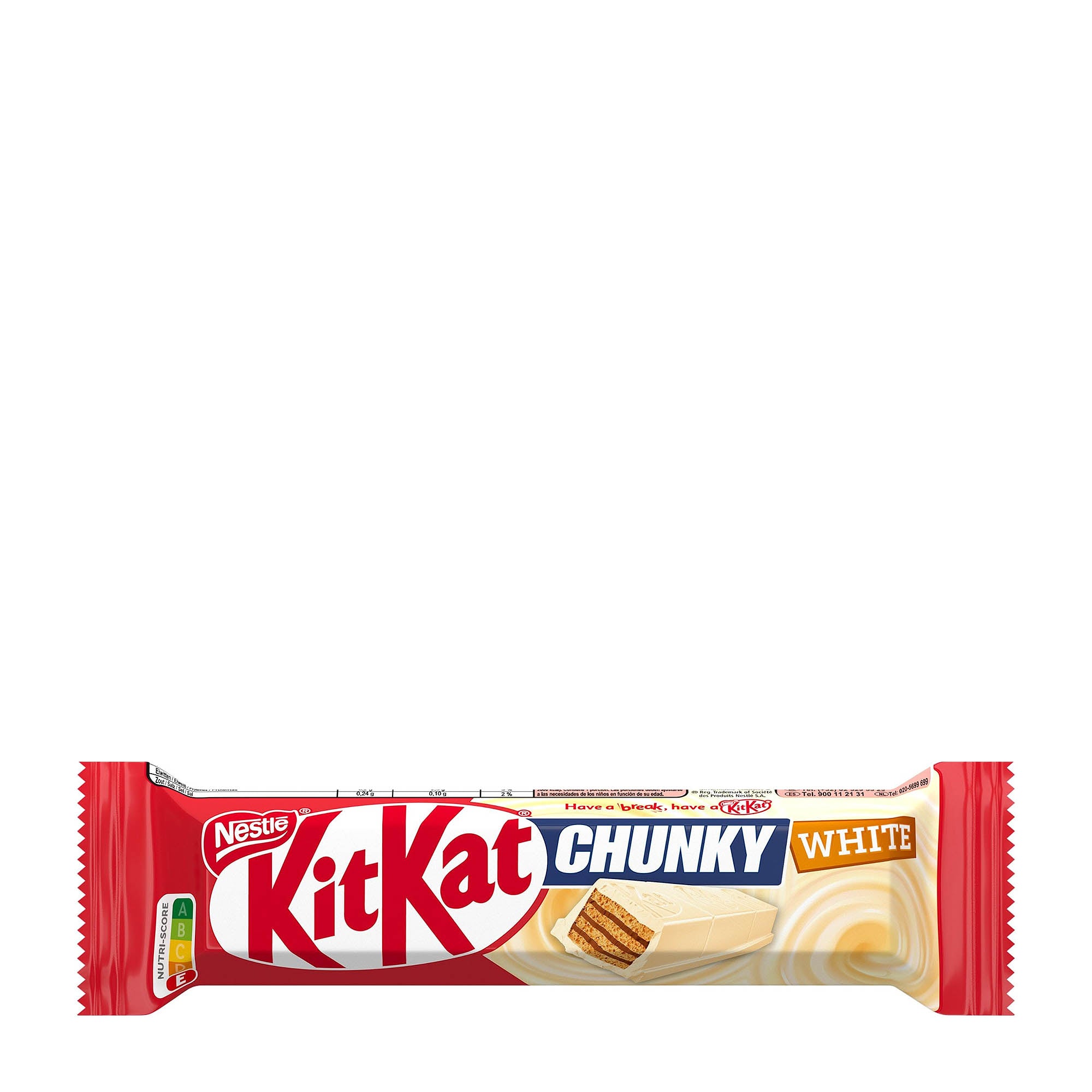 A KitKat Chunky white chocolate wafer bar packaging. The packaging is predominantly red with the KitKat logo at the top and the product name 'Chunky White' highlighted in blue.