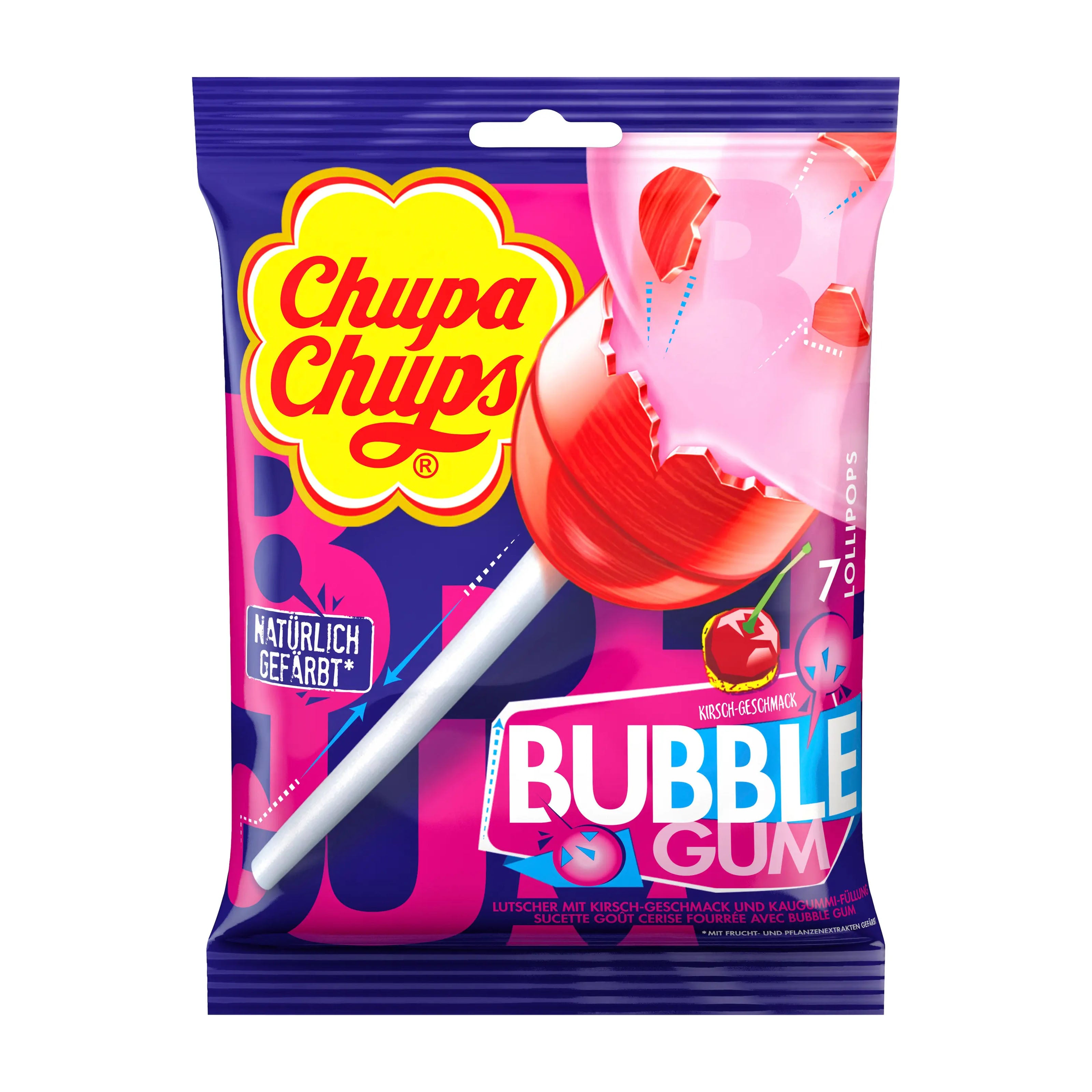 Chupa Chups bubble gum lollipops package with cherry flavor on a white background