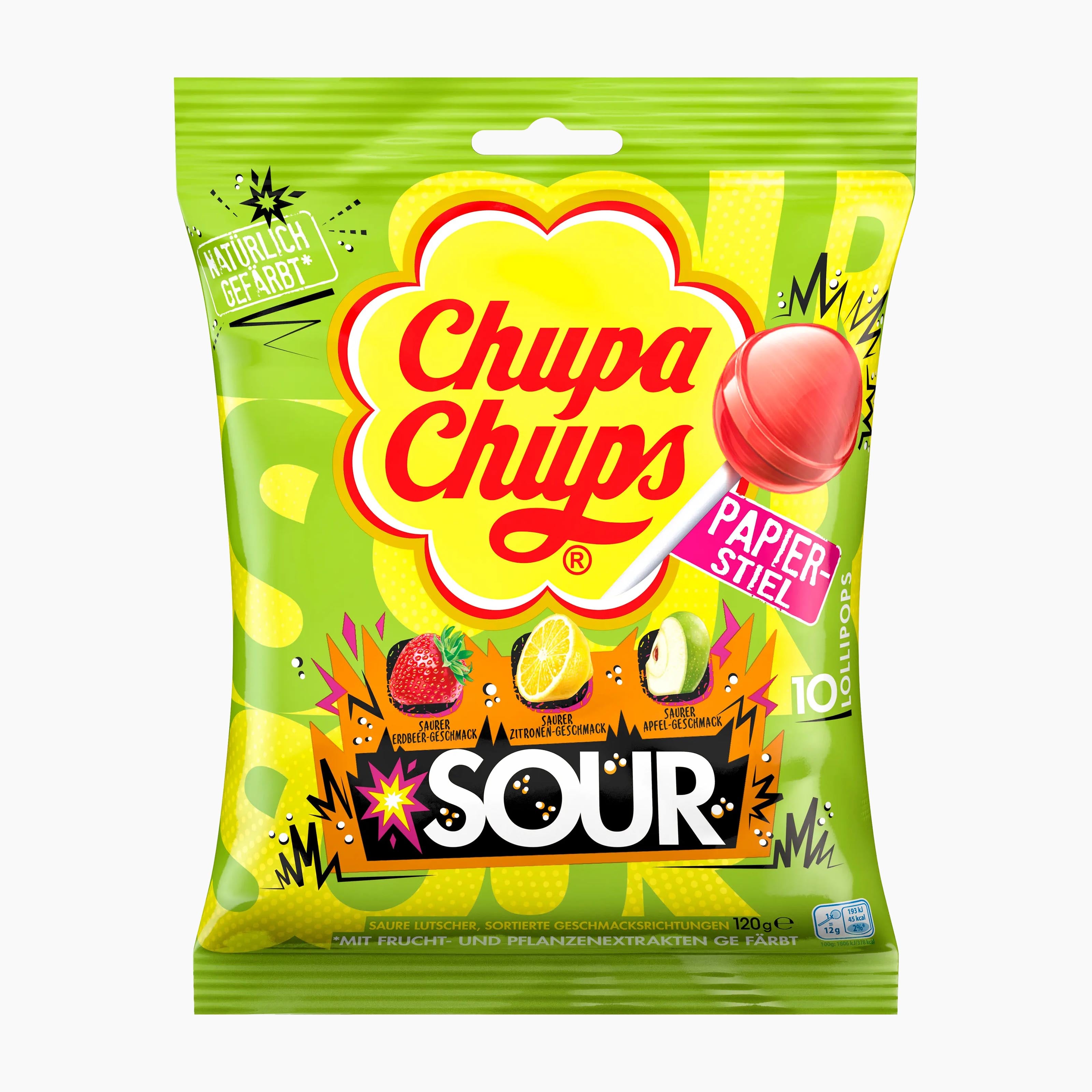 A bag of Chupa Chups Sour lollipops, featuring a bright lime green packaging with a large yellow Chupa Chups logo and illustrations of sour fruits.