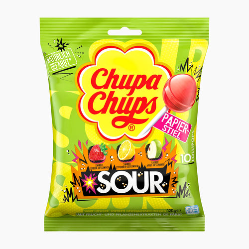 A bag of Chupa Chups Sour lollipops, featuring a bright lime green packaging with a large yellow Chupa Chups logo and illustrations of sour fruits.