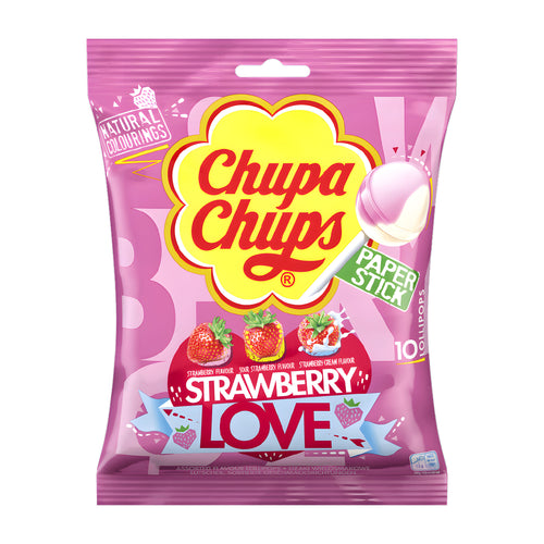Chupa Chups Strawberry Love lollipop package on a white background