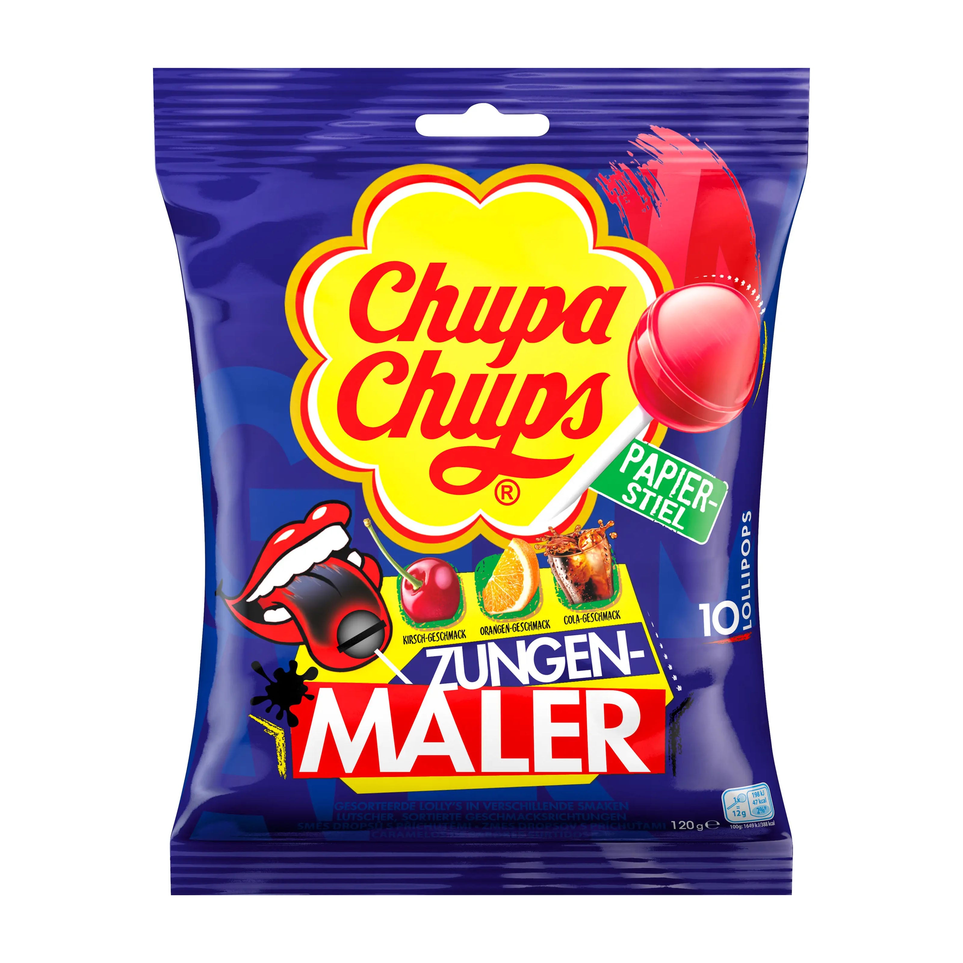Chupa Chups Tongue Painter lollipops packaging with colorful design on a white background