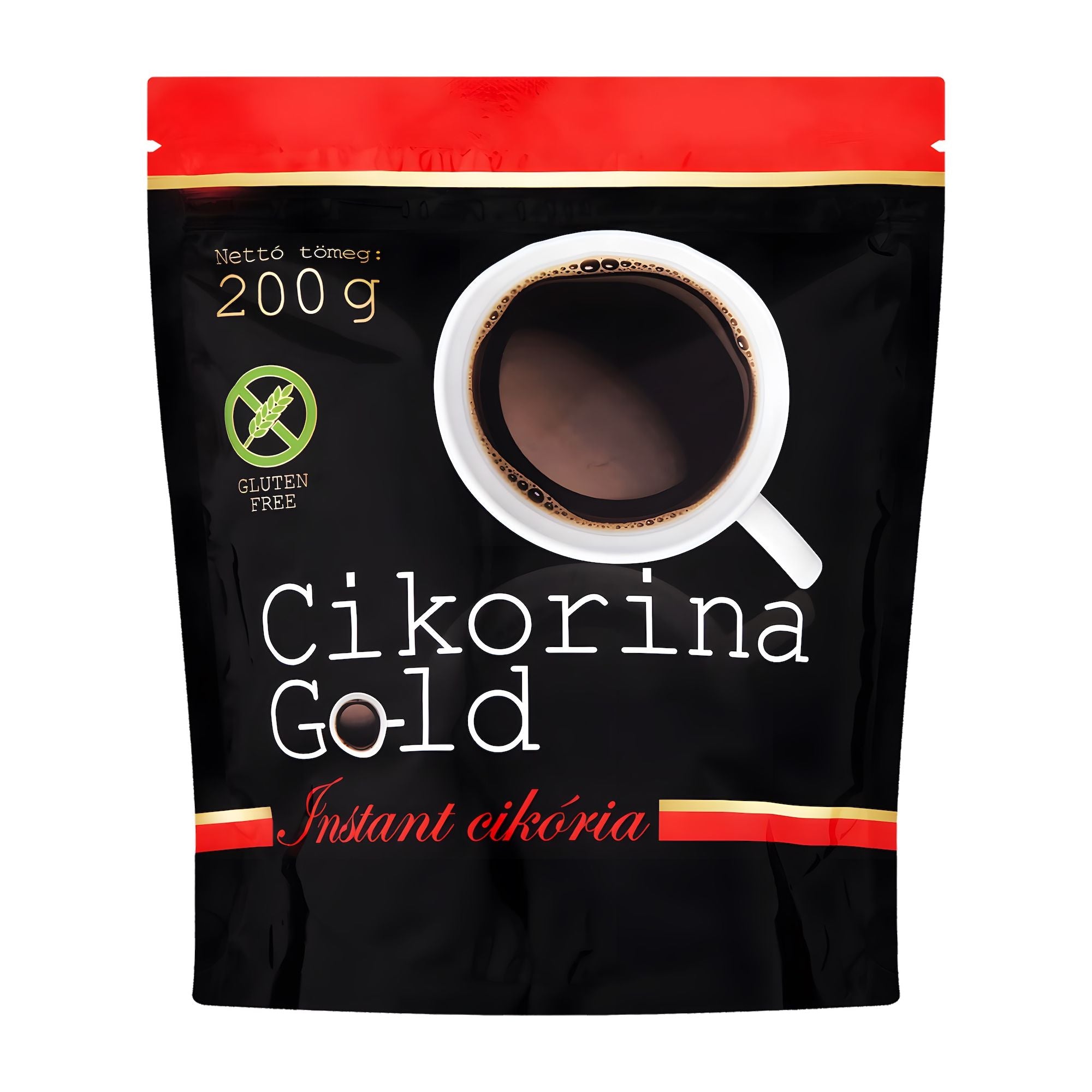 A package of Cikorina Gold instant chicory, weighing 200g, with an image of a cup of prepared chicory on the front.