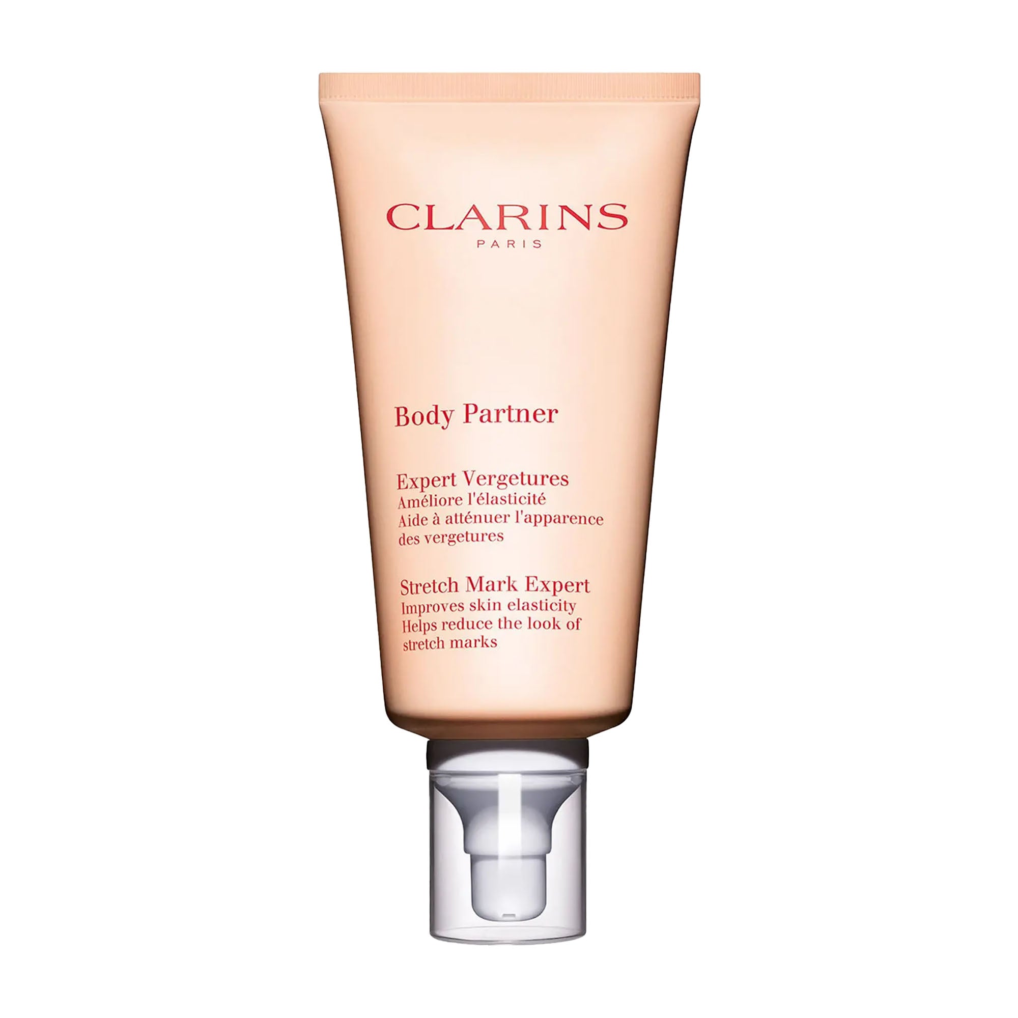 Clarins Body Partner stretch mark expert body cream on a white background