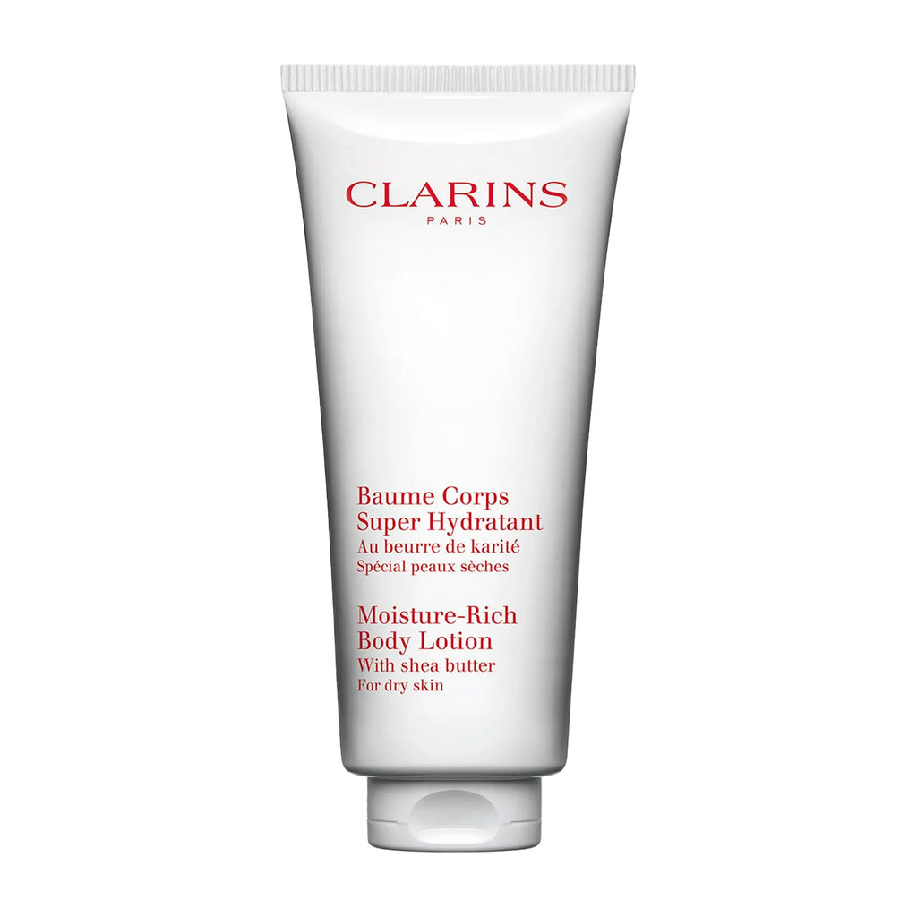 Clarins Moisture-Rich body lotion tube on a white background