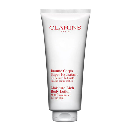 Clarins Moisture-Rich body lotion tube on a white background