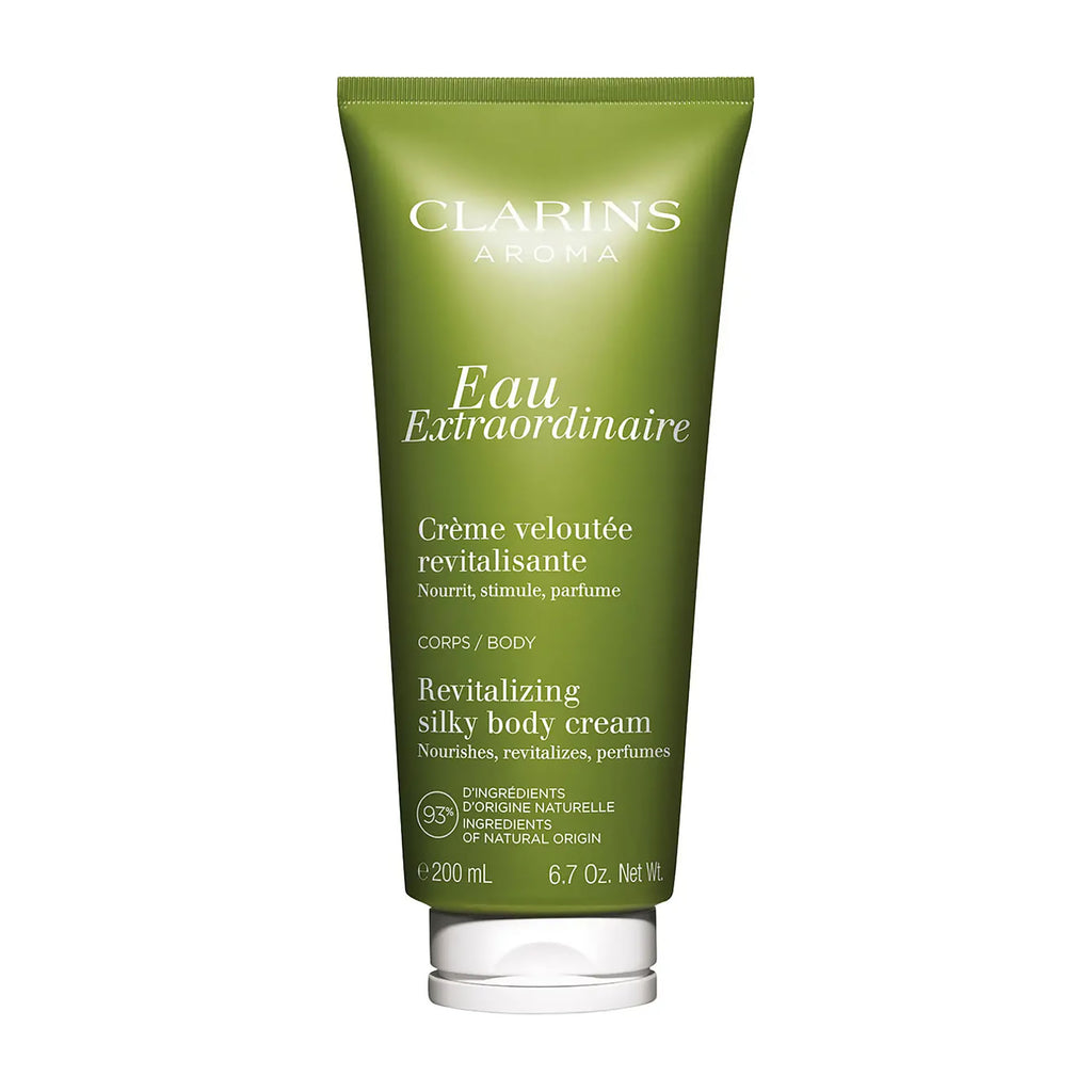 Clarins Eau Extraordinaire Revitalizing Silky Body Cream tube on a white background