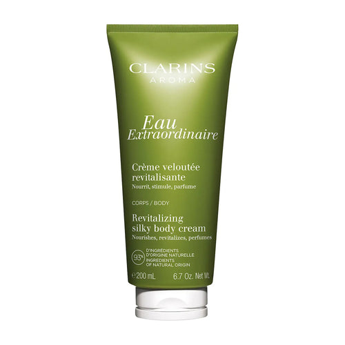 Clarins Eau Extraordinaire Revitalizing Silky Body Cream tube on a white background