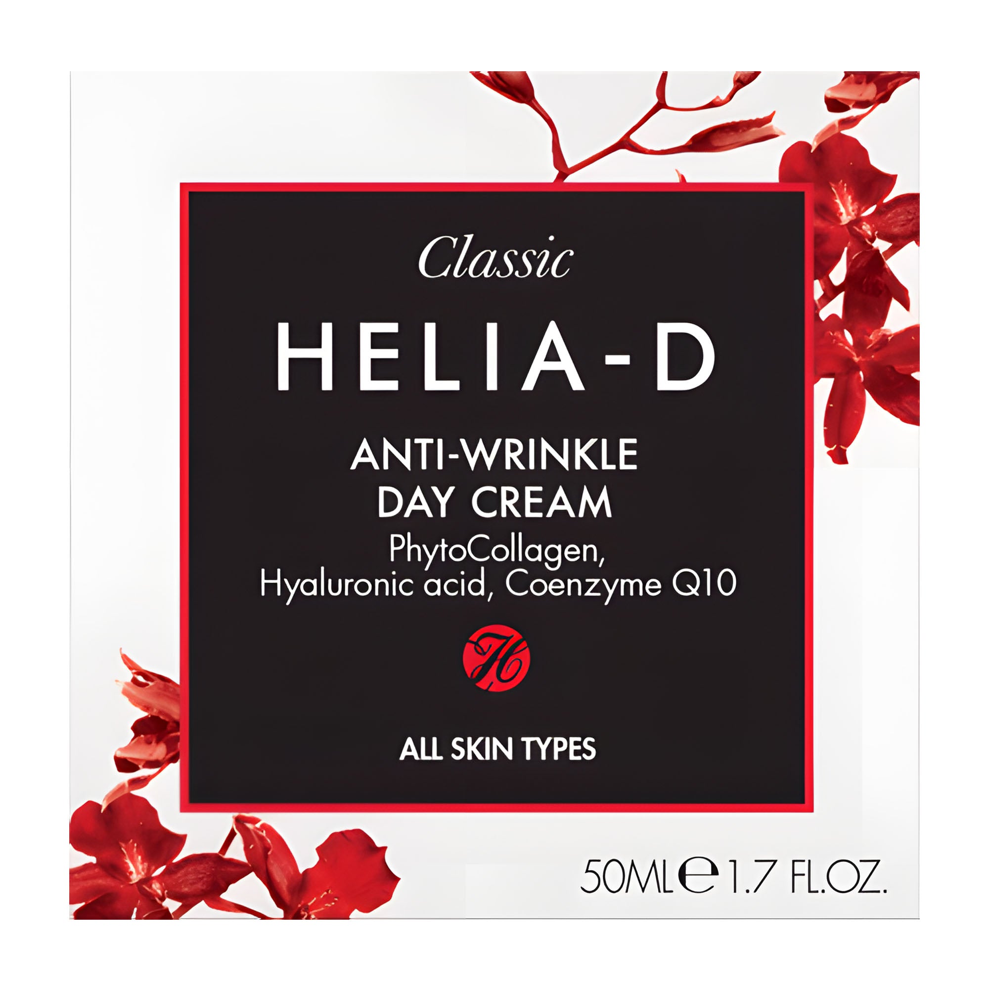 HELIA-D anti-wrinkle day cream packaging with red floral design