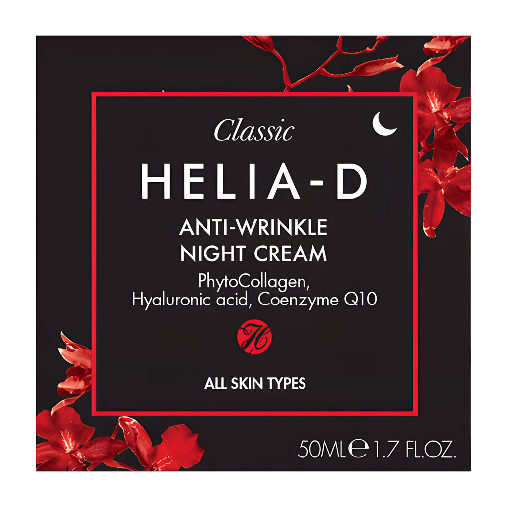 HELIA-D anti-wrinkle night cream packaging with red floral elements on a black background