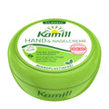 A green jar of Kamill Classic chamomile hand & nail cream with organic chamomile and bisabolol, 150 mL, labeled as vegan, biodegradable, and without parabens, PEG emulsifiers, mineral oils, and paraffines.