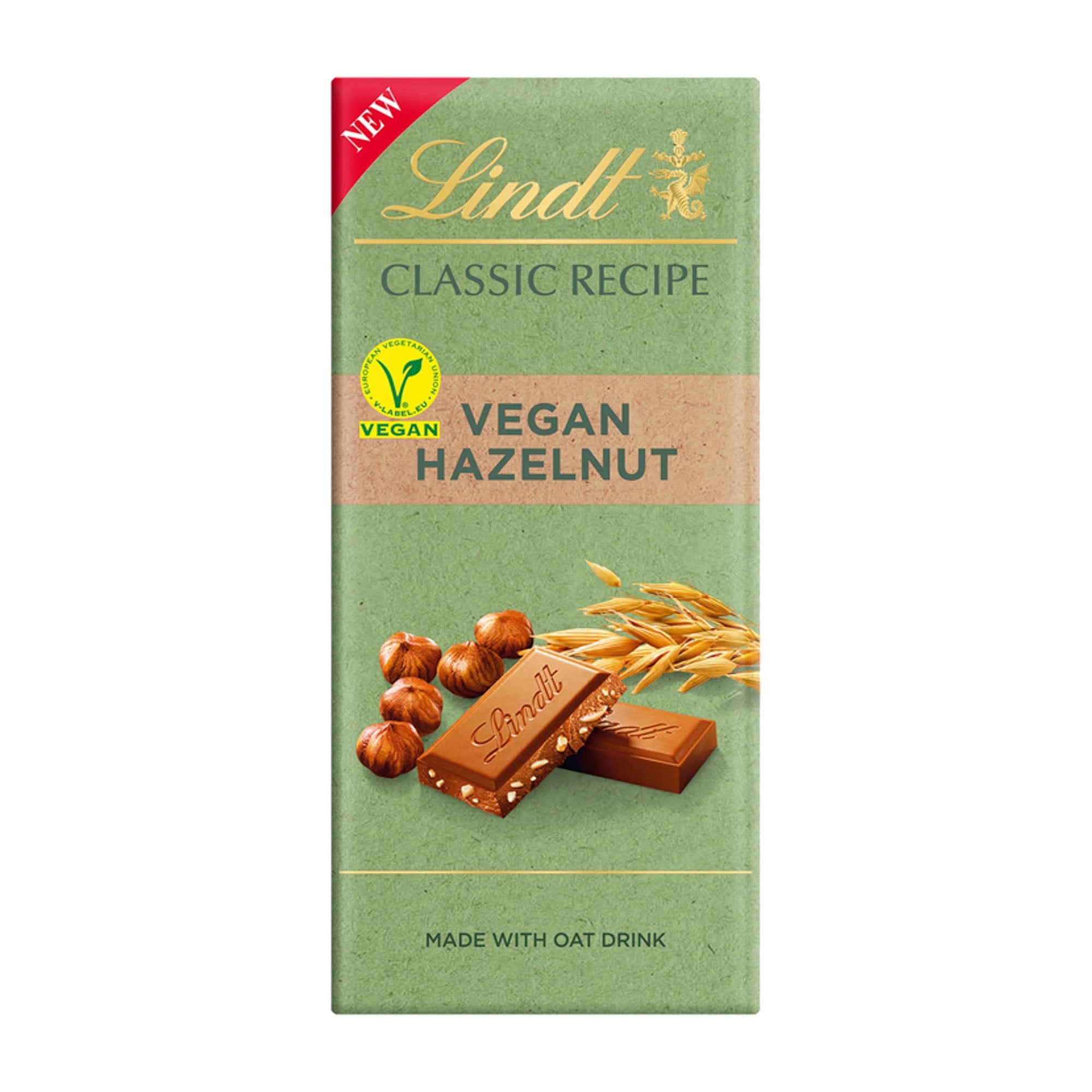 Packaging of Lindt Classic Recipe Vegan Hazelnut chocolate bar, showing the bar and ingredients like oats and hazelnuts, with a green background.