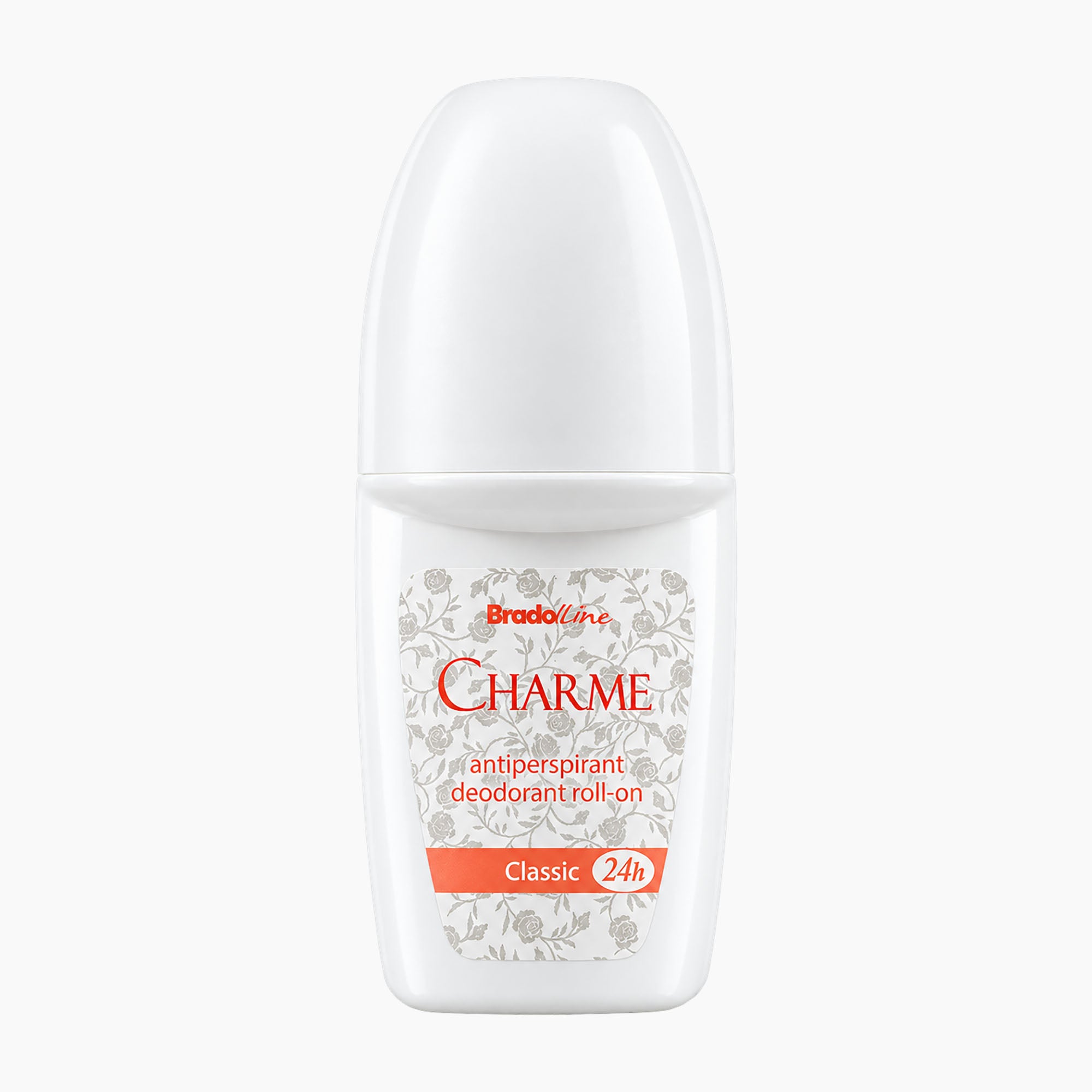 Charme Classic 24h antiperspirant deodorant roll-on bottle, white with a floral pattern and red lettering, on a light gray background.