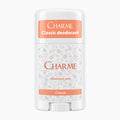 A white deodorant stick container with a white cap, featuring a peach-colored label at the top and bottom with the brand name 'CHARME' and the text 'Classic deodorant' and 'Classic'. The center of the container has a light gray floral pattern.