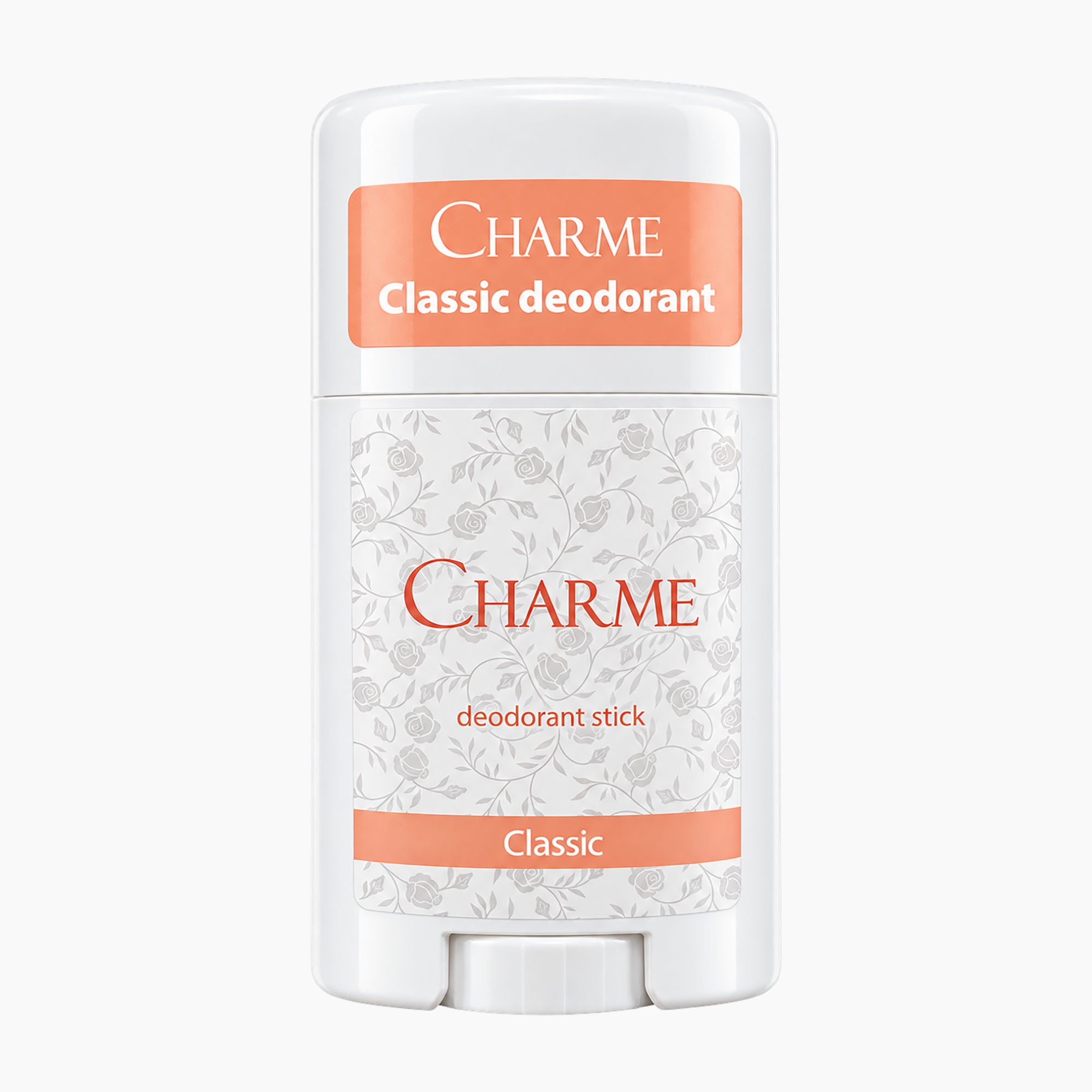 A white deodorant stick container with a white cap, featuring a peach-colored label at the top and bottom with the brand name 'CHARME' and the text 'Classic deodorant' and 'Classic'. The center of the container has a light gray floral pattern.