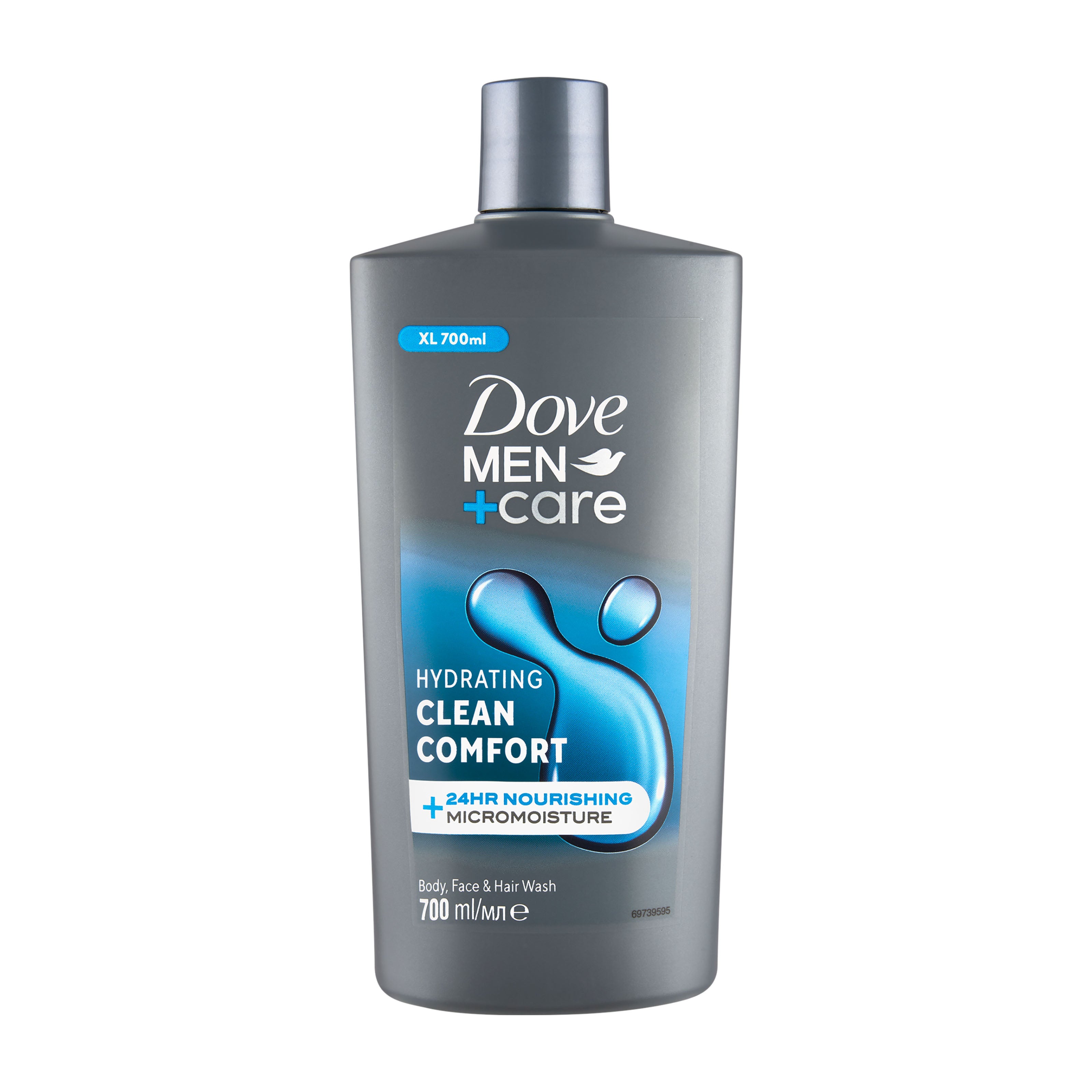 Dove Men+Care Clean Comfort body wash bottle on a white background