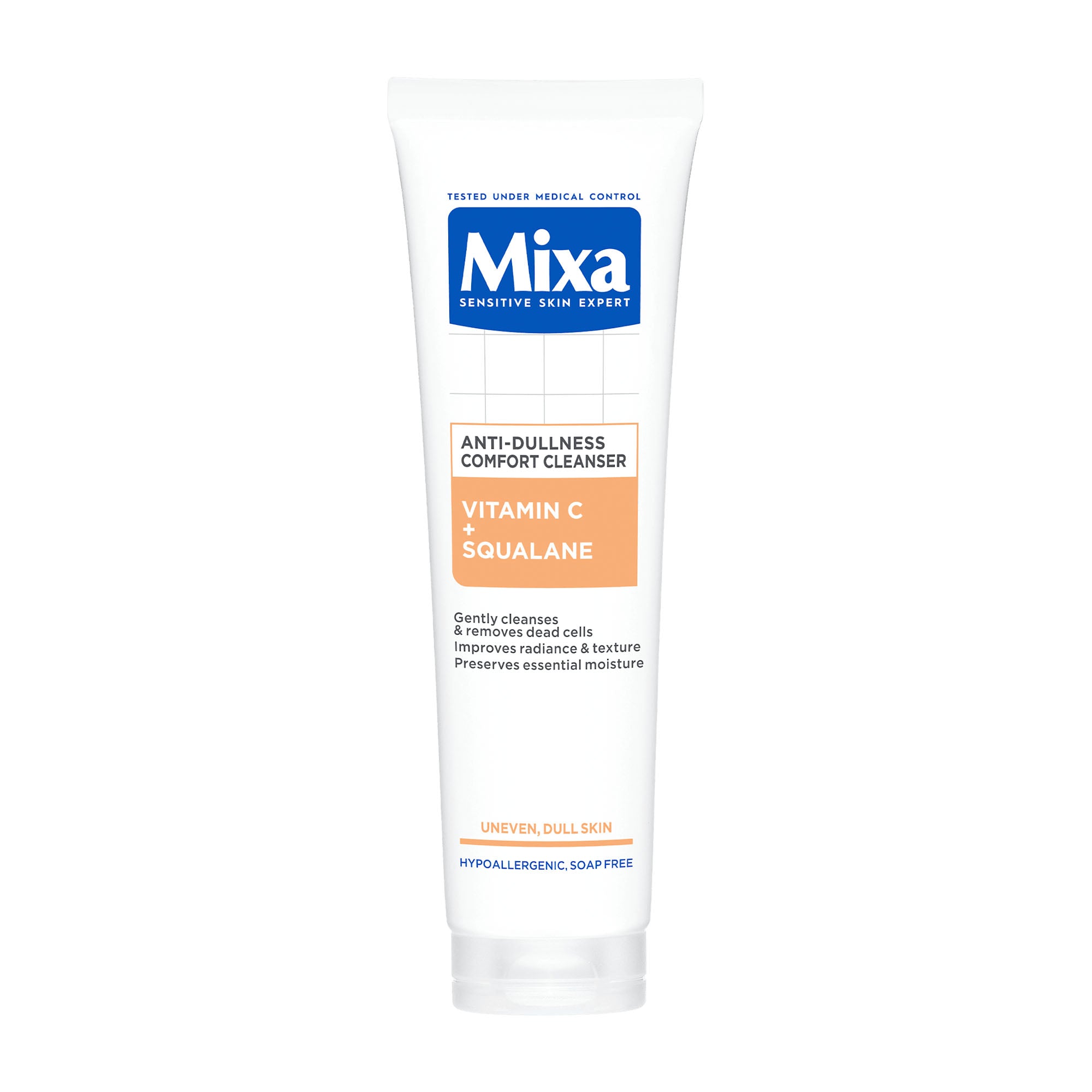 Tube of Mixa Anti-Dullness Comfort Cleanser on a white background