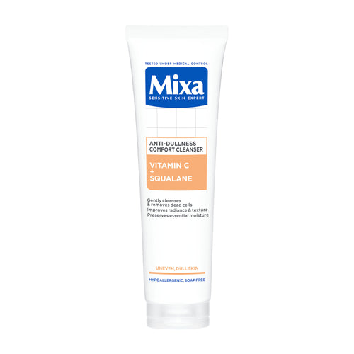 Tube of Mixa Anti-Dullness Comfort Cleanser on a white background