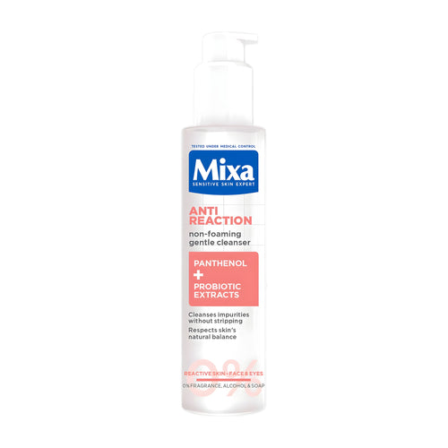 Mixa anti-reaction non-foaming gentle cleanser pump bottle on a white background