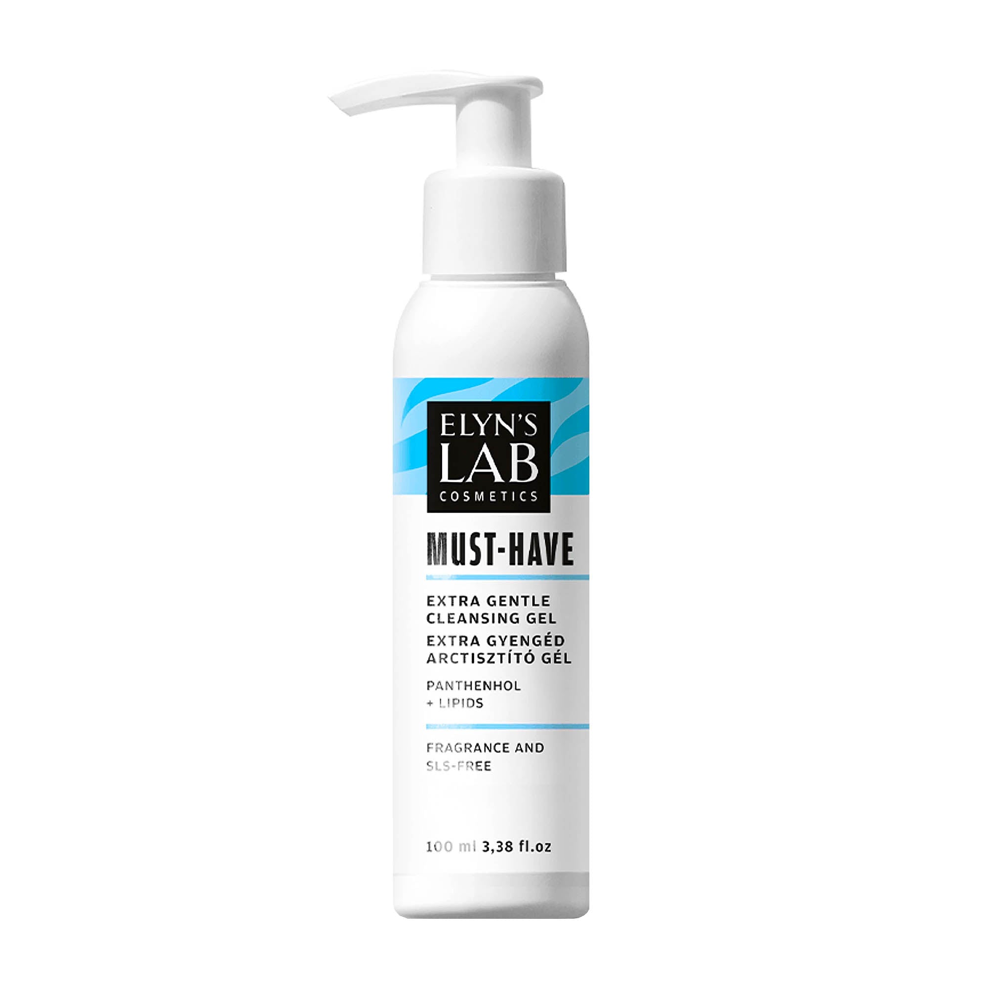 A pump bottle of Elyn's Lab Must-Have Extra Gentle Face Cleansing Gel, with blue and white labeling.