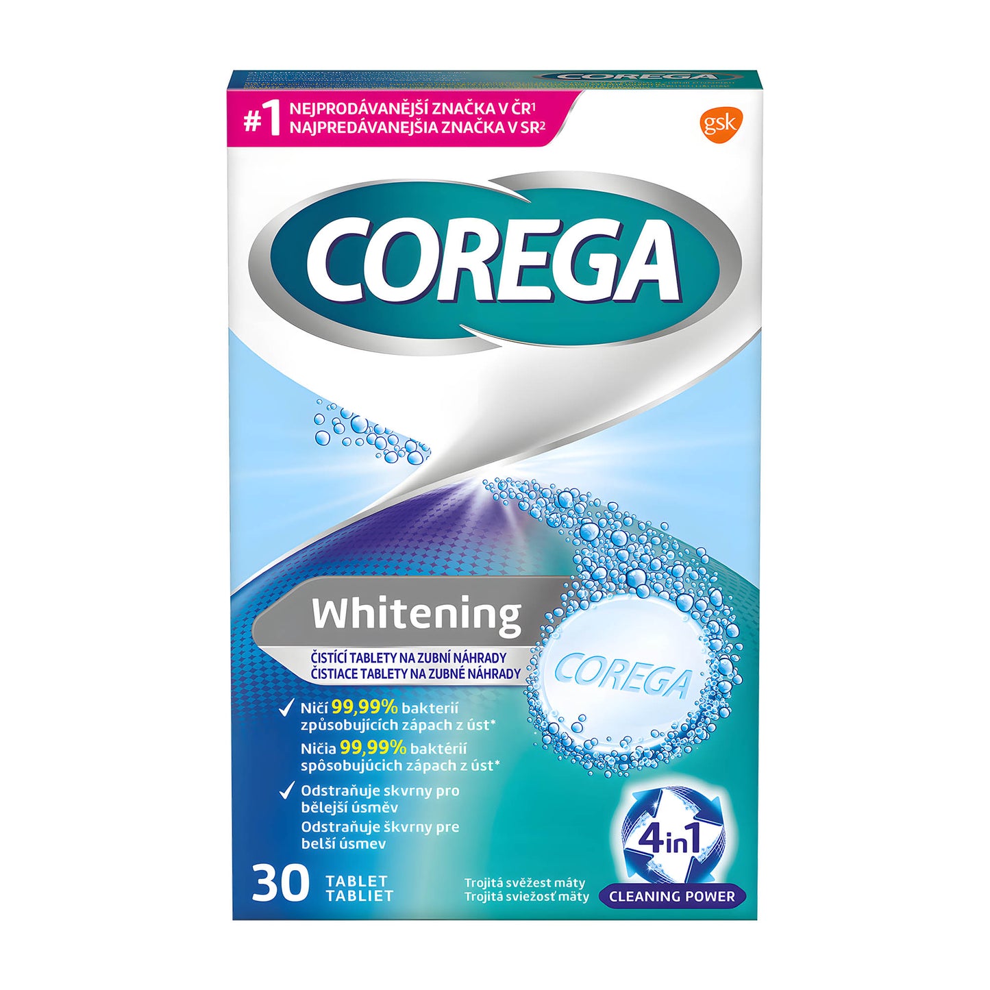 Corega Whitening denture cleanser tablets, 30 Count