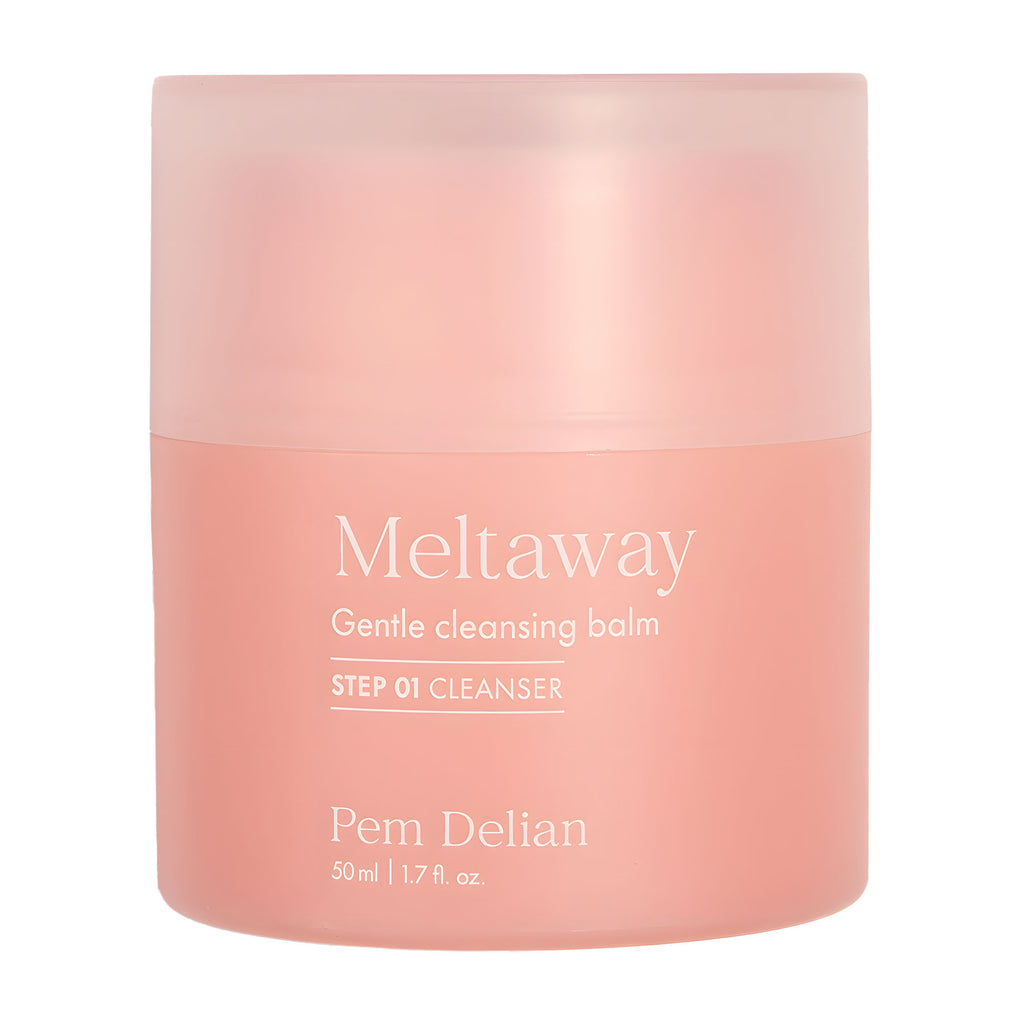Pink jar of Meltaway Gentle cleansing balm by Perm Delian on a white background
