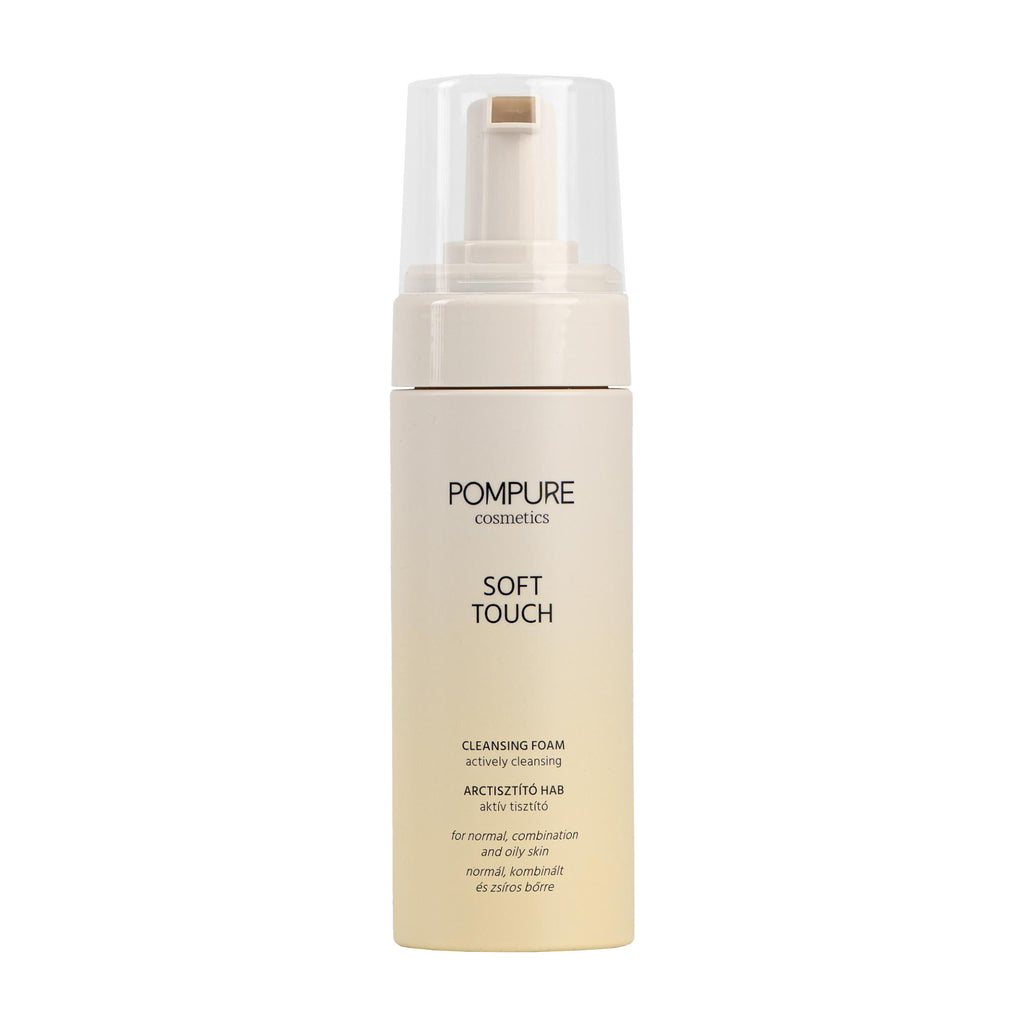Pompure Soft Touch face cleansing foam pump bottle on a white background