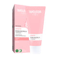 Weleda sensitive almond cleansing milk product packaging with pink and white design on a white background