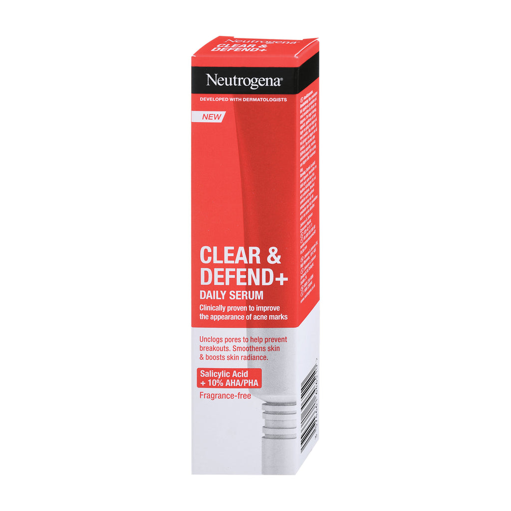 Neutrogena Clear & Defend+ daily serum packaging, featuring a red and white box with product information and branding.
