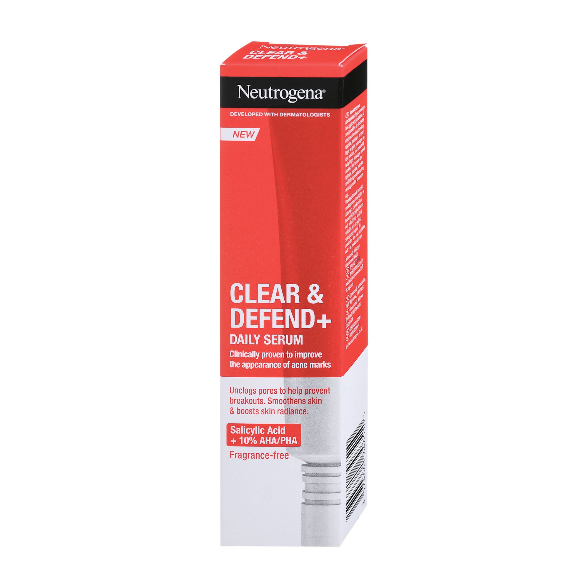 Neutrogena Clear & Defend+ daily serum packaging, featuring a red and white box with product information and branding.