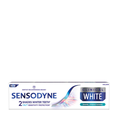 Sensodyne Clinical White Enamel Strengthening toothpaste packaging on a white background