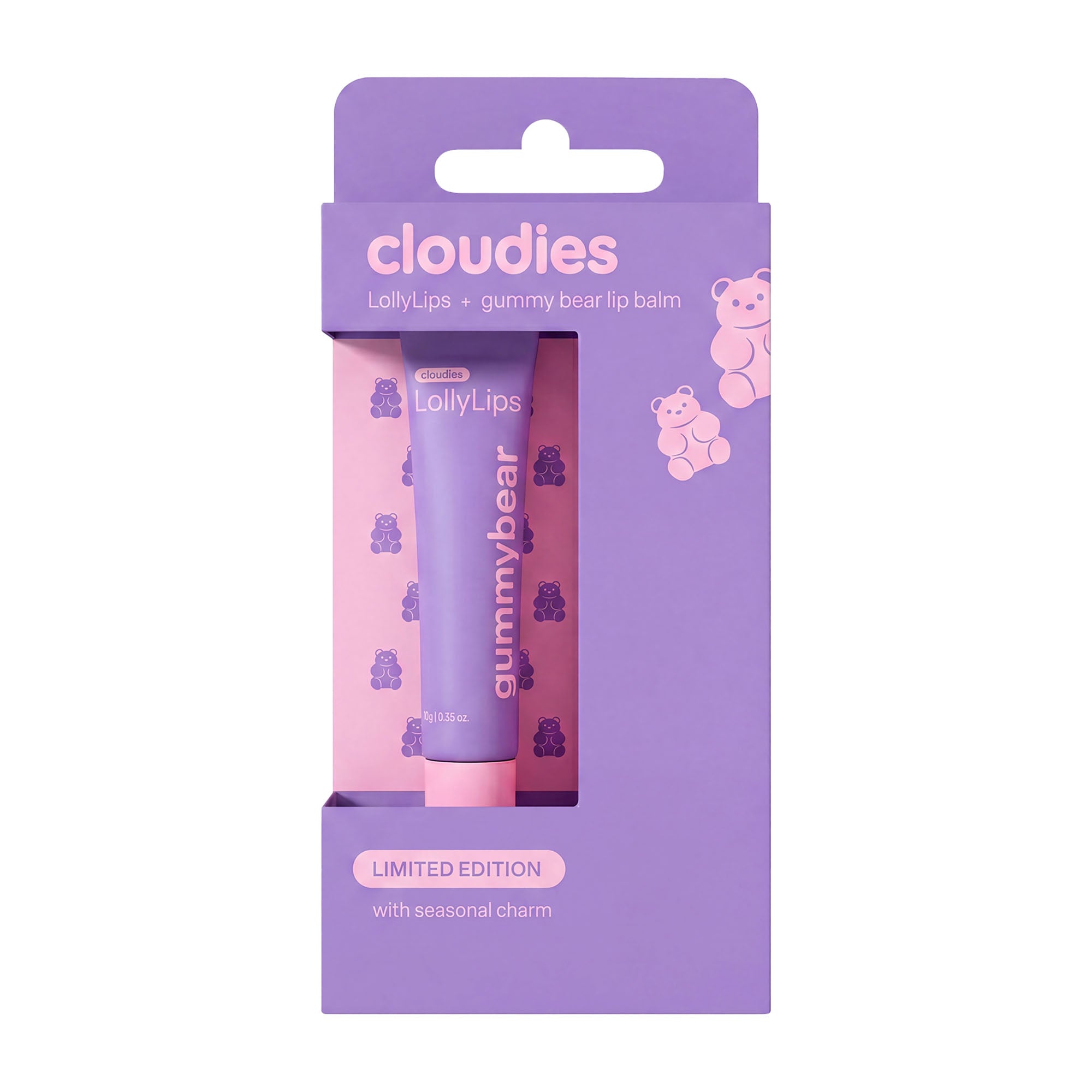 Cloudies LollyLips + Gummy Bear limited edition lip balm in its original purple and pink packaging, featuring a lavender tube with pink lettering and a pink cap.