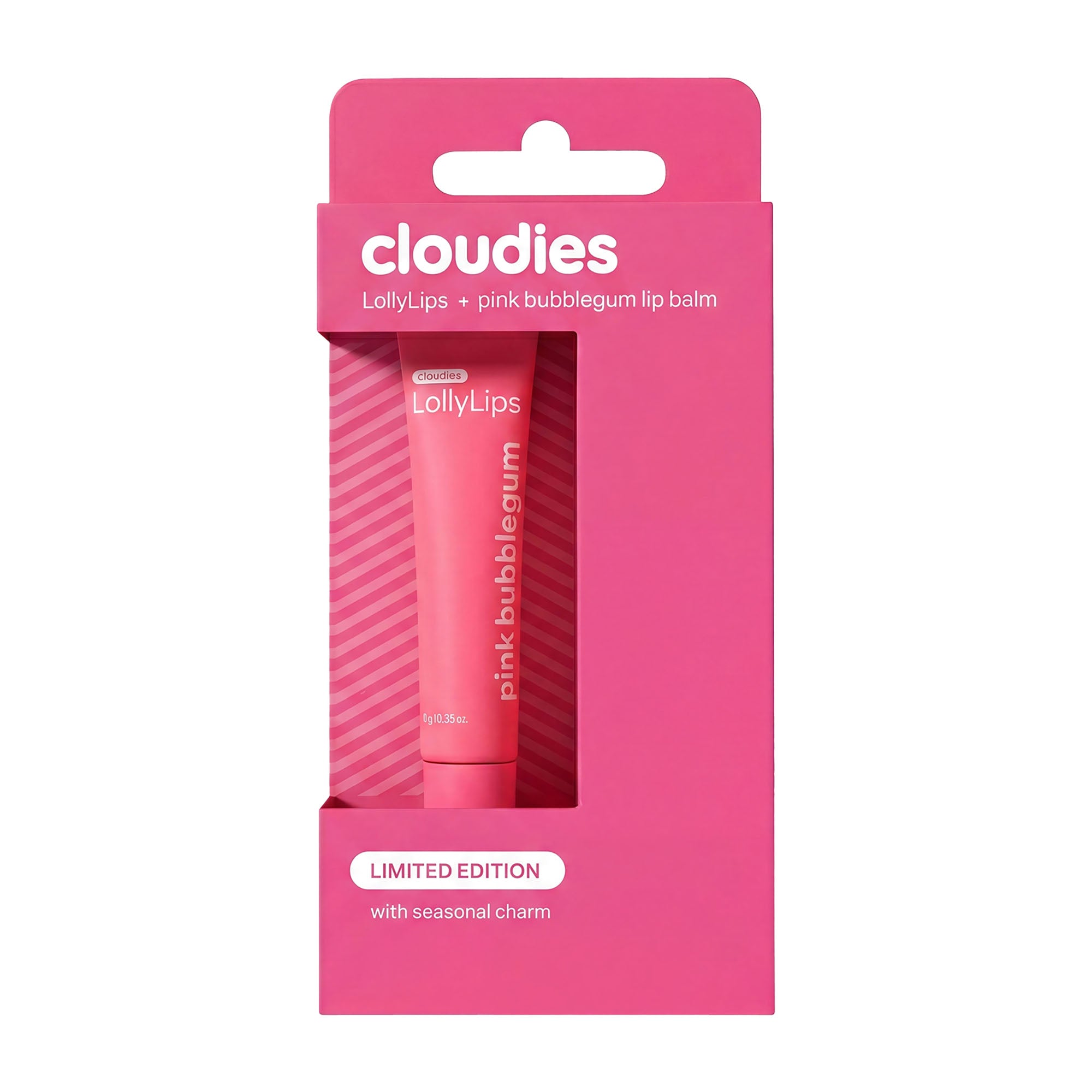 Cloudies LollyLips pink bubblegum lip balm in its original bright pink packaging, featuring a windowed box with the tube visible inside.