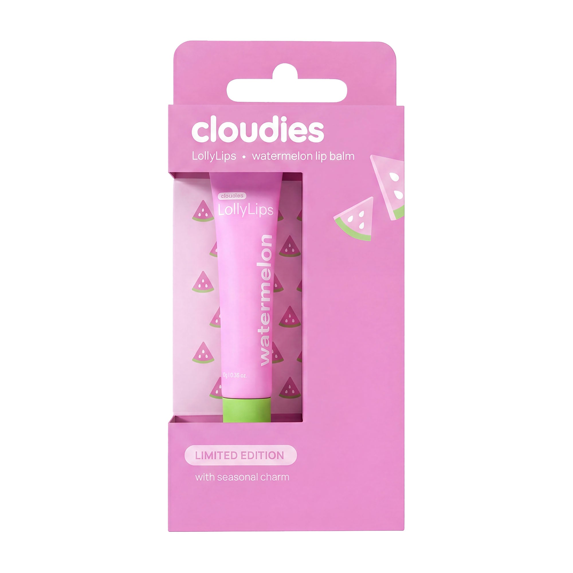 Cloudies LollyLips + Watermelon Lip Balm in its pink packaging, featuring a pink tube with a green cap and watermelon pattern.