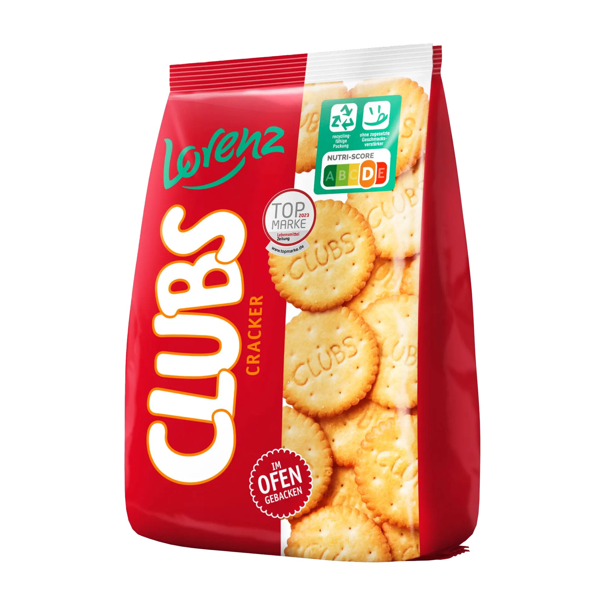 Red package of Lorenz Clubs crackers with visible branding and product image.
