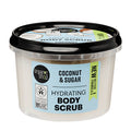 A transparent plastic container of organic shop Coconut & Sugar Hydrating Body Scrub with a black lid and a label that includes the product name, description, and certification logos.