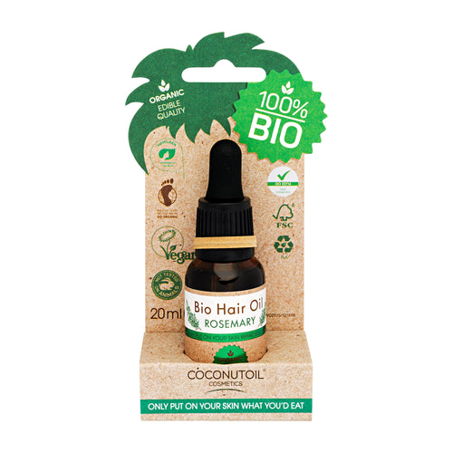 Coconutoil Cosmetics Rosemary Bio hair oil bottle with packaging featuring organic and vegan labels on a white background