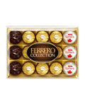 A gift box containing 15 individually wrapped Ferrero Collection pralines, featuring three varieties of Ferrero Rondnoir and Ferrero Rocher balls, along with Raffaello confectionery.